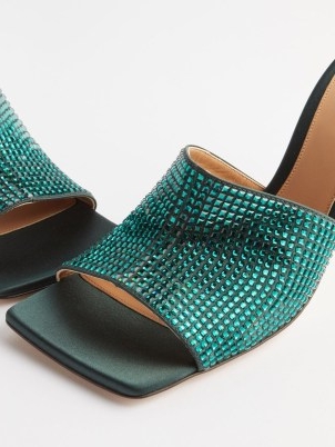 BOTTEGA VENETA Stretch crystal-embellished silk mules in green ~ shimmering square toe mule sandals ~ glamorous occasion shoes covered in crystals ~ matchesfashion ~ glittering high heels ~ party glamour