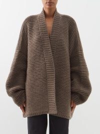 RAEY Recycled cashmere-blend hand-knit cardigan in brown ~ women’s chunky drop shoulder open front cardigans ~ MATCHESFASHION knitwear ~ long voluminous sleeves ~ womens neutral knits