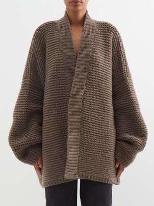RAEY Recycled cashmere-blend hand-knit cardigan in brown ~ women’s chunky drop shoulder open front cardigans ~ MATCHESFASHION knitwear ~ long voluminous sleeves ~ womens neutral knits - flipped