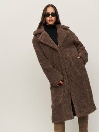Reformation Highgrove Coat in Chocolate / women’s brown faux shearling fur winter coats / winter glamour / womens textured sherpa outerwear