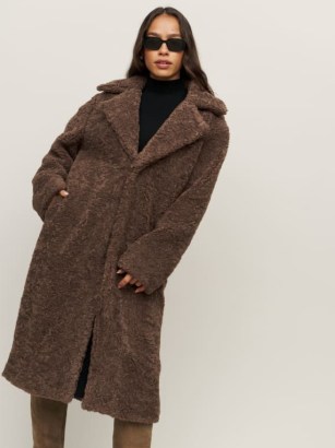 Reformation Highgrove Coat in Chocolate / women’s brown faux shearling fur winter coats / winter glamour / womens textured sherpa outerwear - flipped