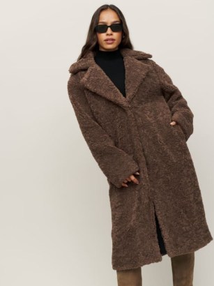 Reformation Highgrove Coat in Chocolate / women’s brown faux shearling fur winter coats / winter glamour / womens textured sherpa outerwear