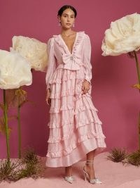 sister jane DREAM Venus Ruffle Maxi Dress Cotton Candy – pink ruffled plunge front dresses – romantic themed occasion fashion – romance inspired party clothes – the lunar garden collection
