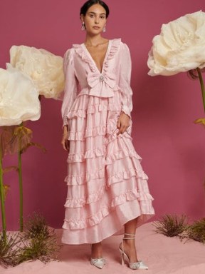 sister jane DREAM Venus Ruffle Maxi Dress Cotton Candy – pink ruffled plunge front dresses – romantic themed occasion fashion – romance inspired party clothes – the lunar garden collection