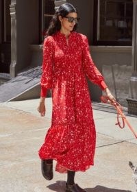 ME and EM Intricate Floral Print Maxi Dress in Cream / Black / Red – romantic long sleeve tiered hem dresses – beautiful boho inspired fashion