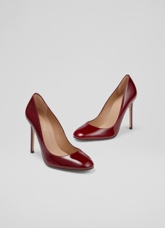 L.K. BENNETT Ivone Red Patent Leather Round Toe Courts – shiny high stiletto heel court shoes – wine coloured pumps - flipped