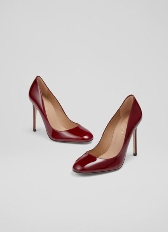 L.K. BENNETT Ivone Red Patent Leather Round Toe Courts – shiny high stiletto heel court shoes – wine coloured pumps