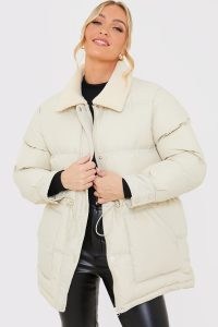 JAC JOSSA ECRU PADDED COAT WITH BORG COLLAR ~ women’s casual drawcord waist winter coats ~ celebrity inspired jackets