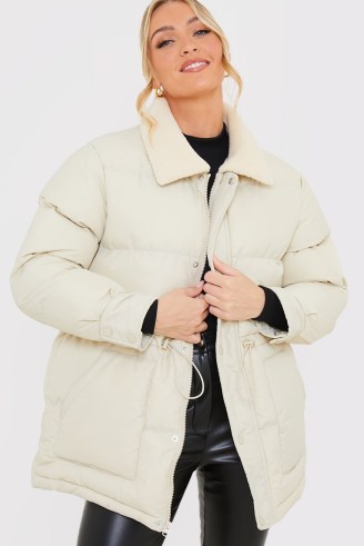 JAC JOSSA ECRU PADDED COAT WITH BORG COLLAR ~ women’s casual drawcord waist winter coats ~ celebrity inspired jackets - flipped