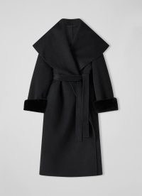 L.K. BENNETT Jodie Black Wool-Blend Faux Fur Cuff Coat / chic wide shawl collar coats / glamorous winter outerwear / longline / self tie belt