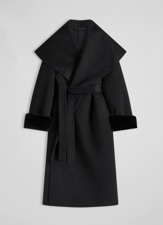 L.K. BENNETT Jodie Black Wool-Blend Faux Fur Cuff Coat / chic wide shawl collar coats / glamorous winter outerwear / longline / self tie belt - flipped