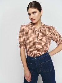 Reformation Kalila Top in Chestnut check / women’s brown checked puff sleeve tops / vintage style blouses with puffed sleeves