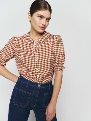 Reformation Kalila Top in Chestnut check / women’s brown checked puff sleeve tops / vintage style blouses with puffed sleeves - flipped
