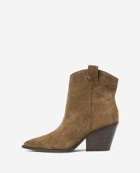 KENNETH COLE Kara Suede Heeled Boot in Cocoa ~ women’s brown pointed toe western style ankle boots ~ womens block heel cowboy inspired autumn footwear