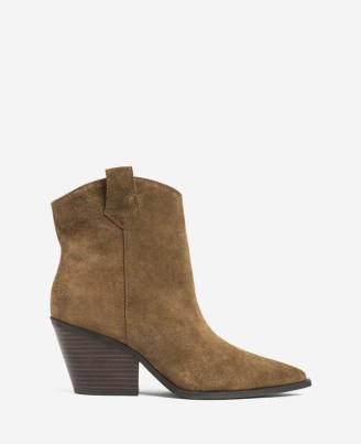 KENNETH COLE Kara Suede Heeled Boot in Cocoa ~ women’s brown pointed toe western style ankle boots ~ womens block heel cowboy inspired autumn footwear - flipped