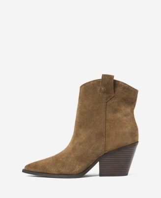 KENNETH COLE Kara Suede Heeled Boot in Cocoa ~ women’s brown pointed toe western style ankle boots ~ womens block heel cowboy inspired autumn footwear