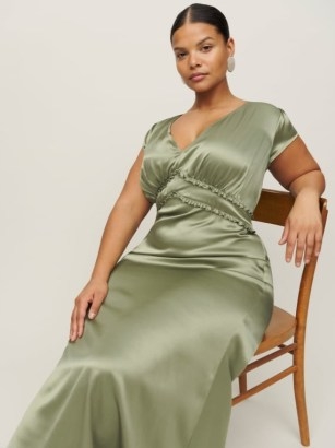 Reformation Kaye Silk Dress Es in Artichoke ~ luxe light green silky dresses ~ feminine plus size fashion - flipped