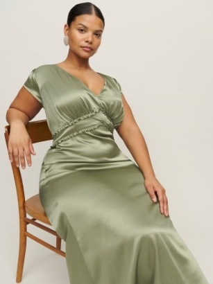 Reformation Kaye Silk Dress Es in Artichoke ~ luxe light green silky dresses ~ feminine plus size fashion