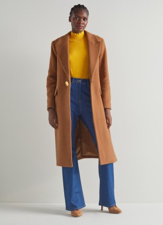 L.K. BENNETT Keefe Camel Recycled Wool Blend Single-Breasted Coat ~ women’s brown classic style longline winter coats - flipped