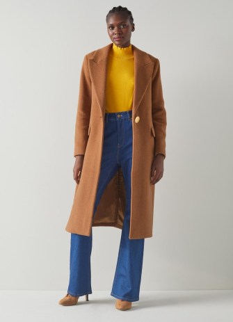 L.K. BENNETT Keefe Camel Recycled Wool Blend Single-Breasted Coat ~ women’s brown classic style longline winter coats