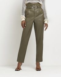 RIVER ISLAND KHAKI BELTED STRAIGHT LEG TROUSERS – women’s green high waist faux leather pants