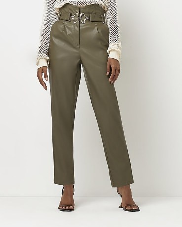 RIVER ISLAND KHAKI BELTED STRAIGHT LEG TROUSERS – women’s green high waist faux leather pants - flipped