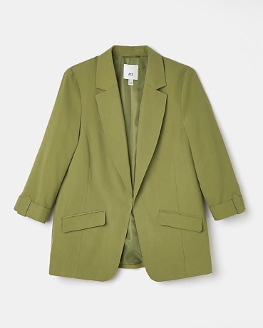 RIVER ISLAND KHAKI CASUAL BLAZER ~ women’s green open front blazers ~ womens 3/4 length sleeved jackets - flipped