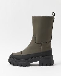 river island KHAKI CHUNKY ANKLE BOOTS ~ dark green block heel pull on tab boot ~ women’s casual on-trend winter footwear