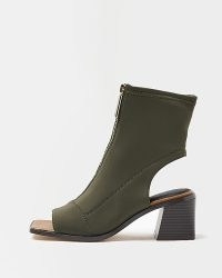 RIVER ISLAND KHAKI WIDE FIT OPEN TOE ANKLE BOOT ~ green square toe cut out booties