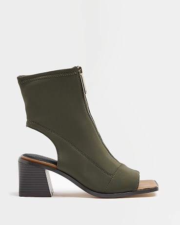 RIVER ISLAND KHAKI WIDE FIT OPEN TOE ANKLE BOOT ~ green square toe cut out booties - flipped