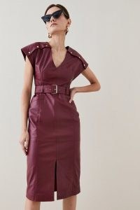 KAREN MILLEN Leather Button Detail Shoulder Belted Midi Pencil Dress in berry – dark red cap sleeve dresses – women’s luxe clothing – womens autumn fashion