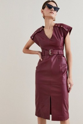 KAREN MILLEN Leather Button Detail Shoulder Belted Midi Pencil Dress in berry – dark red cap sleeve dresses – women’s luxe clothing – womens autumn fashion - flipped