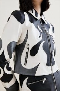 KAREN MILLEN Leather Flame Crop Zip Up Jacket / women’s black and white cropped jackets / womens monochrome outerwear