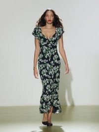 Lisola Dress in Aroma – floral print flutter sleeve midi dresses – feminine sweetheart neckline fashion