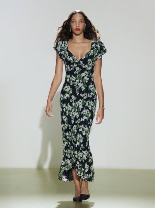 Lisola Dress in Aroma – floral print flutter sleeve midi dresses – feminine sweetheart neckline fashion - flipped