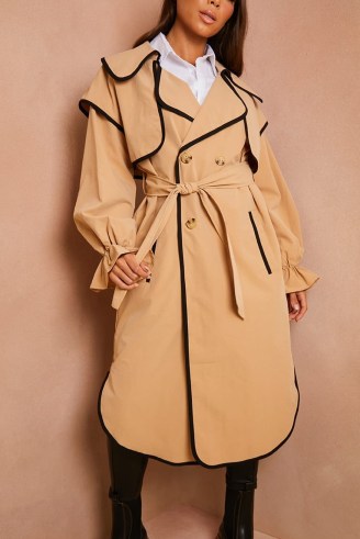 LORNA LUXE CAMEL ‘SORRY I’M LATTE’ RUNWAY TRENCH COAT ~ women’s tie waist contrast trim coats ~ womens celebrity inspired outerwear - flipped