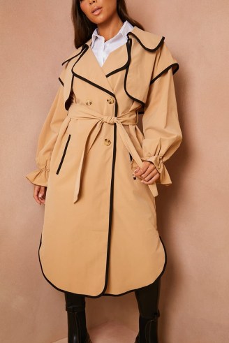LORNA LUXE CAMEL ‘SORRY I’M LATTE’ RUNWAY TRENCH COAT ~ women’s tie waist contrast trim coats ~ womens celebrity inspired outerwear