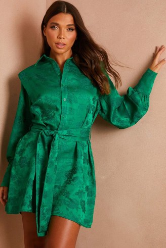 LORNA LUXE GREEN JACQUARD ‘IVY’ POWER SHOULDER TIE WAIST SHIRT DRESS ~ women’s long sleeve collared dresses - flipped