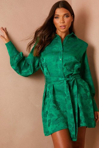 LORNA LUXE GREEN JACQUARD ‘IVY’ POWER SHOULDER TIE WAIST SHIRT DRESS ~ women’s long sleeve collared dresses