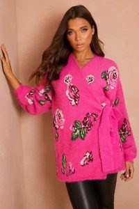 LORNA LUXE PINK FLORAL JACQUARD ‘RENAISSANCE’ BRUSHED WRAP CARDIGAN ~ women’s fluffy patterned side tie cardigans