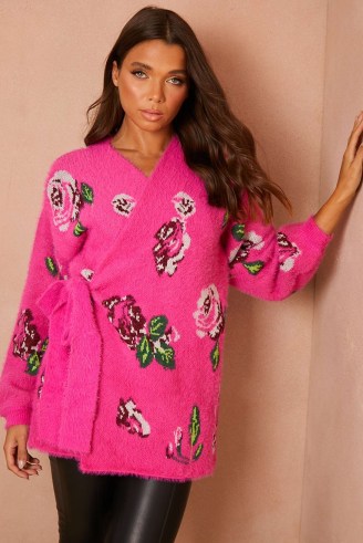 LORNA LUXE PINK FLORAL JACQUARD ‘RENAISSANCE’ BRUSHED WRAP CARDIGAN ~ women’s fluffy patterned side tie cardigans - flipped