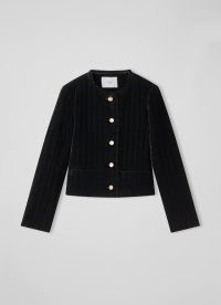 Monty Green Lou Black Velvet Quilted Jacket – chic frilled edge jackets