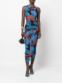 Louisa Ballou graphic-print ruched midi dress ~ sheer sleeveless asymmetric hemline dresses ~ fitted silhouette ~ farfetch ~ fitted floral print fashion