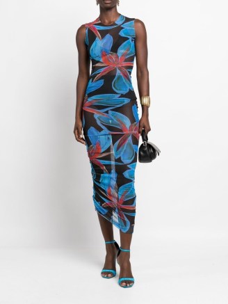 Louisa Ballou graphic-print ruched midi dress ~ sheer sleeveless asymmetric hemline dresses ~ fitted silhouette ~ farfetch ~ fitted floral print fashion - flipped