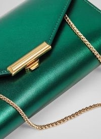L.K. BENNETT Lucy Metallic Green Leather Clutch Bag ~ envelope shaped occasion bags ~ small evening handbags with gold chain shoulder strap