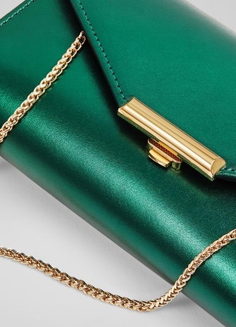 L.K. BENNETT Lucy Metallic Green Leather Clutch Bag ~ envelope shaped occasion bags ~ small evening handbags with gold chain shoulder strap - flipped