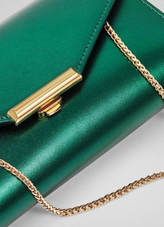 L.K. BENNETT Lucy Metallic Green Leather Clutch Bag ~ envelope shaped occasion bags ~ small evening handbags with gold chain shoulder strap