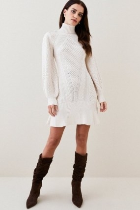 Lydia Millen Cable Knit Roll Neck Mini Dress in Ivory | chic long sleeve high neck knitted dresses | women’s sweater inspired winter fashion | Karen Millen womens knitwear - flipped
