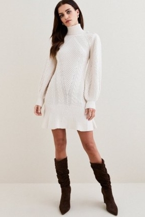 Lydia Millen Cable Knit Roll Neck Mini Dress in Ivory | chic long sleeve high neck knitted dresses | women’s sweater inspired winter fashion | Karen Millen womens knitwear