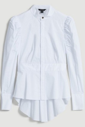 Lydia Millen Cotton Poplin Peplum Woven Shirt in White | women’s puff sleeve dip hem statement shirts | Karen Millen fashion | romantic style flared hem blouse - flipped